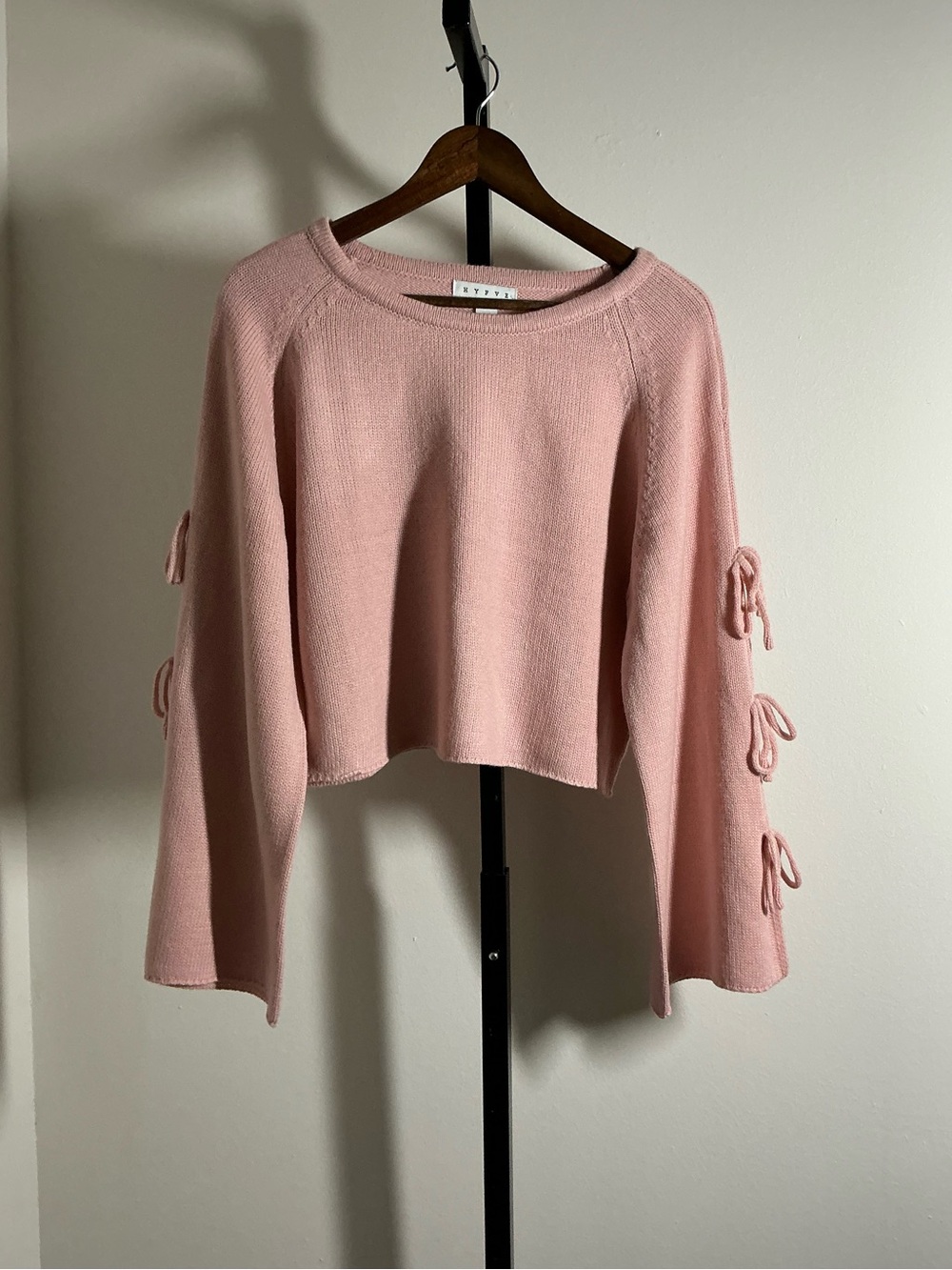 🆕 HYFVE |  Coquette Bow-Sleeve Cropped Crewneck Sweater